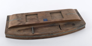 H.M.A.S. SYDNEY desk set made from the timber decking boards, with blue enamel plaque, early 20th century, 39cm across
