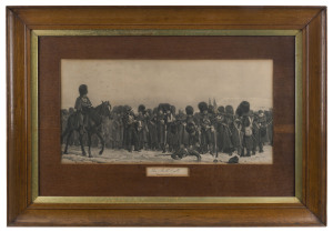 Two 19th century military engravings, I.) The Roll Call, Crimea 1854-5. (By Elizabeth Thompson, Lady Butler). II.) Quatre Bras. (By F. Stacpoole). Attractively framed and glazed with original gilt slips, 62 x 93cm overall