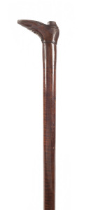 An Australian walking stick, fiddleback blackwood shaft with carved cedar boot handle, 19th century, 91.5cm high
