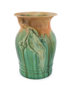 REMUED Pottery vase with applied gumnuts and leaf with branch handle, incised "Remued, 196/9M", 23.5cm high