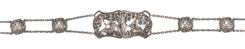 An Australian Art Nouveau sterling silver belt and buckles by BASSE of Adelaide, circa 1900, stamped "BASSE, STERLING", ​73cm long
