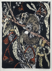 HELEN (ABBIE) HEATHCOTE, Glider, Gumnuts and Blossoms, woodblock print, 8/10, signed lower right "Abbie Heathcote", 45 x 34cm