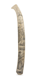 A scrimshaw rib bone engraved "The Farewell, 1857", 32cm long
