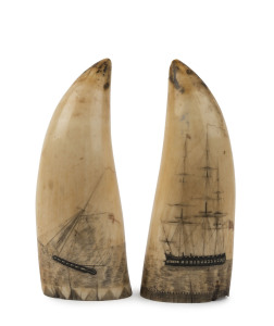 Two scrimshaw whale's teeth, 19th century, 14cm high. PROVENANCE: The Erik Dare Collection, Christie's, lot 229, 13th November 1995.