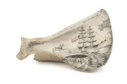 A scrimshaw scapula bone engraved "Bringing In The Body Of A Whale, Hawaii, 1879", ​15cm across