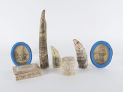 Reproduction scrimshaw tusk, two teeth, two boxes and two pictures, 20th century, the tusk 30cm high, PROVENANCE: The Erik Dare Collection, Christie's, November 15th, 1995.