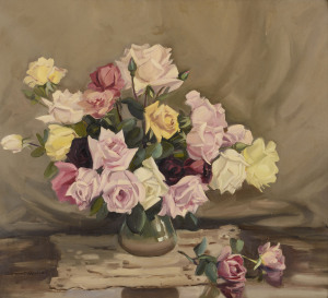 DERMONT HELLIER (1916-2006), still life with roses, oil on canvas, signed lower left "Dermont Hellier", 63 x 70cm