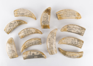 Collection of 12 reproduction scrimshaw whale's teeth with sterling silver bases, 20th century, stamped "STG. SIL", ​the largest 16cm high