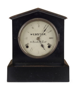 WEBSTER mantel clock, Australian cedar case with original black Japanned finish, Government crown stamp to back, dial marked "WEBSTER, 82 Bourke St, East", circa 1860, rare. ​27cm high