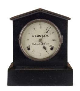 WEBSTER mantel clock, Australian cedar case with original black Japanned finish, Government crown stamp to back, dial marked "WEBSTER, 82 Bourke St, East", circa 1860, rare. 27cm high