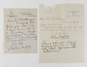 DAME NELLIE MELBA, two single page handwritten letters on London hotel letterhead containing Melba's autograph in three places, some damage and loss to the upper and lower left corners (2 items).