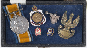 WW1 service medal awarded to Captain G.M. HAY A.I.F., Australian silver Tasmanian map cuff link, Prussian hat badge, and enamel badges, ​(6 items).