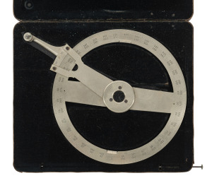 ANGELO TORNAGHI Surveying instrument in original plush fitted leather box embossed lower right "A. TOURNAGHI, SYDNEY", circa 1865. Born in Milan, Italy in 1831 Tournaghi set up a business at 312 George Street Sydney in 1864 and made a name for himself selling quality instruments including some of his own design. Rare. the box 20cm across