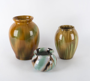 CORNWELLS POTTERY. Group of three green and brown glazed pottery vases, circa 1930s, the tallest 28cm high