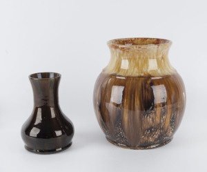 JOHN CAMPBELL brown glazed pottery vase incised "John Campbell, 1934", 23cm high. Together with a brown glazed Australian Colonial pottery vase, possibly Kosta, 16.5cm high. (2 items).