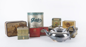 ROBUR TEA "Perfect" teapot, silver plate with original infuser; together with a group of 8 assorted vintage tins, the teapot 23cm across