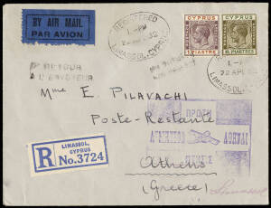 FIRST FLIGHTS: Cyprus 24 Apr.1932 (Muller.5) Limassol - Athens reg. flown cover; 27 Mar.1936 (Muller.10) Hong Kong - Singapore Imperial Airways flight cover and 27 May 1924 (Muller.134) Switzerland, Basel - Bern. All fine. (3).