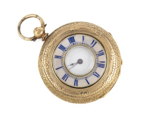 WESTERN AUSTRALIAN interest. 18ct yellow gold and enamel half hunter presentation pocket watch with inscription "Presented To Miss Laura E.J. Clifton By The Officers Of The Convict Establishment Portland On The Occasion Of Her Marriage, November 1877". La