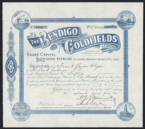 Australian goldfields share certificates including "The Bendigo Goldfields Limited", "Lake George Mines", "The United Ajax Gold Mining Company", and three "South Lucknow Gold Mining Company", 19th century, (6 items)