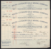 Australian goldfields share certificates including "The Bendigo Goldfields Limited", "Lake George Mines", "The United Ajax Gold Mining Company", and three "South Lucknow Gold Mining Company", 19th century, (6 items) - 3