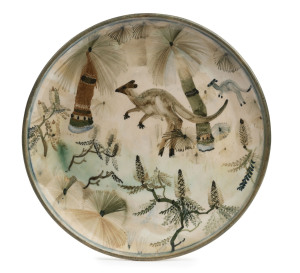 ARTHUR MERRIC BOYD and NEIL DOUGLAS pottery plate with kangaroos, grass trees and banksias, incised "A. M. B.", 21cm diameter