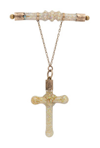 An Australian Colonial suspended crucifix bar brooch, 9ct gold and opal, 19th century, 10.5cm high, 6.5cm wide