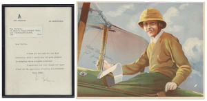 AMY JOHNSON nice autograph on single page typed letter on Amy Johnson "In Australia" letterhead; together with a coloured lithograph portrait of Amy Johnson with facsimile signature. (2 items). The letter framed and glazed 21 x 16cm