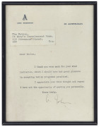 AMY JOHNSON nice autograph on single page typed letter on Amy Johnson "In Australia" letterhead; together with a coloured lithograph portrait of Amy Johnson with facsimile signature. (2 items). The letter framed and glazed 21 x 16cm - 2