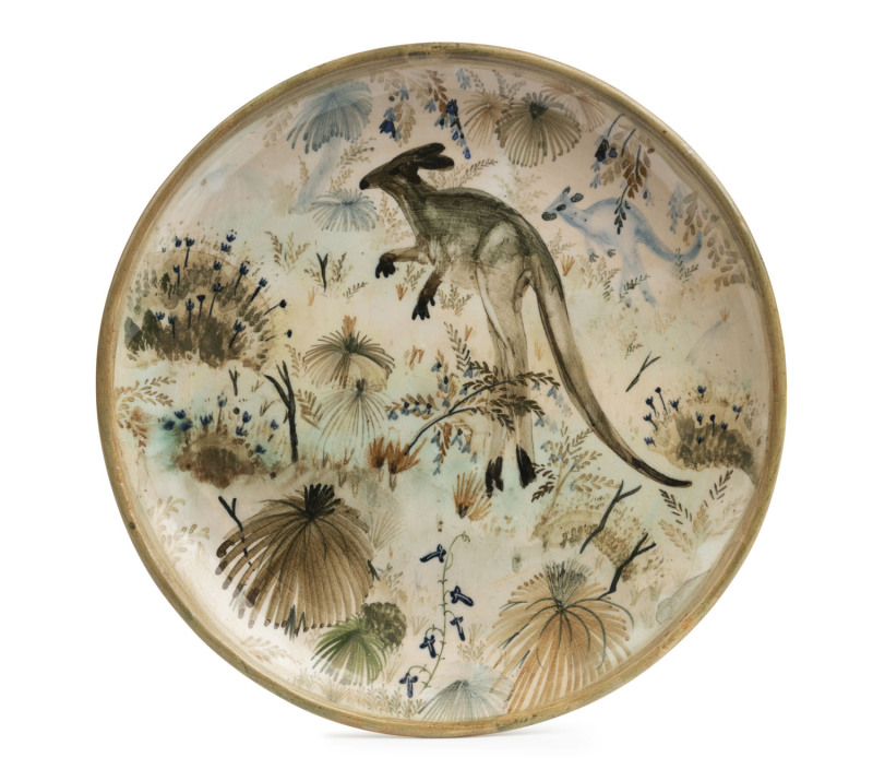 ARTHUR MERRIC BOYD and NEIL DOUGLAS pottery plate with kangaroos in bushland, incised "A. M. B.", 21cm diameter