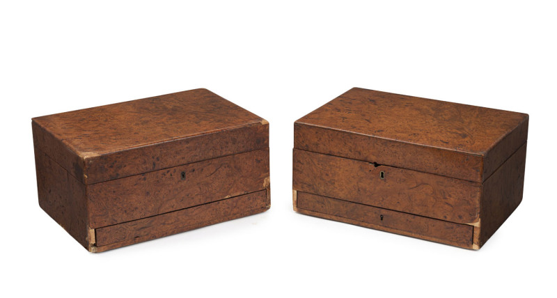 Rare pair of Colonial boxes, solid Tasmanian musk with myrtle secondary timbers, interior fitted with compartments, and bottles, pencil inscription on both reads "F.B. DALE, Sydney, 1844". Colonial born Dale worked as a cabinet maker in Sydney, New South