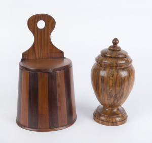 An Australian sample wood turned mantel urn together with an Australian folk art salt pig made from cedar and pine, 19th and early 20th century, (2 items), 23cm and 28cm high