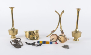 A.J. TUCKER A.I.F. WW1 military group comprising dog tag, trench art hat, stand and pair of vases, badges and bar, and gold plated pocket watch engraved "From S. FROMMER To A.J. TUCKER, 24/3/14", (10 items). the vases 18cm high