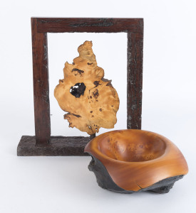 A Tasmanian huon pine burl specimen mounted in redgum stand; together with a huon pine bowl, the stand 46cm high