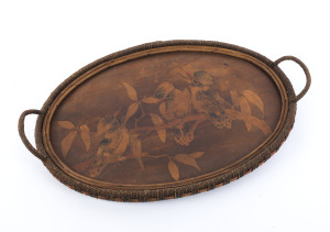 An Australian pokerwork tray decorated with three kookaburras, circa 1920s, 52cm across the handles