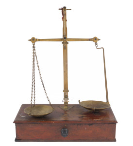 Gold scales on timber single drawer case with weights, 19th century, ​37cm high