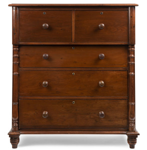 A Colonial cedar cantilever five drawer chest with half turned columns, mid 19th century, ​123cm high, 110cm wide, 55cm deep