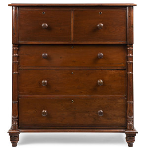 A Colonial cedar cantilever five drawer chest with half turned columns, mid 19th century, 123cm high, 110cm wide, 55cm deep