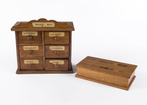 Spice drawers and New Zealand sample timber box, early and mid 20th century, (2 items), spice drawers 17cm high