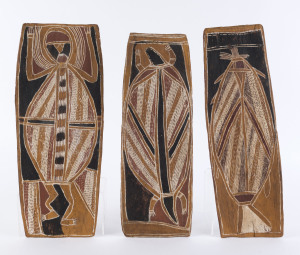 Three Aboriginal bark paintings, Northern Territory origin, circa 1970s, the largest 47 x 19cm