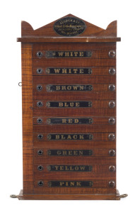 ALCOCK & Co. fiddleback blackwood billiard scoreboard, 19th century, marked "Alcock & Co. Billiard Table Manufacturers, 132 Russell Street, Melbourne", 39cm high, 21cm wide