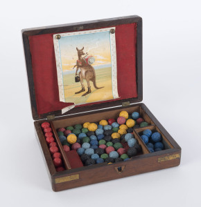 Quandong seed gaming counters or token, in brass bound mahogany box with lithograph kangaroo business advertising card for William Barton Coach Painting Co. York Street, Launceston. 19th century, the box 23cm wide
