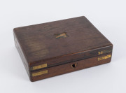 Quandong seed gaming counters or token, in brass bound mahogany box with lithograph kangaroo business advertising card for William Barton Coach Painting Co. York Street, Launceston. 19th century, the box 23cm wide - 2