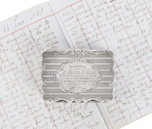 TAMWORTH INTEREST. Sterling silver snuff box engraved "Presented To Mr. GEORGE CLARKE Of The Western Bank Of Scotland By A Few Friends On The Occasion Of His Leaving Glasgow For Tamworth, Sept. 1858", stamped "D.P." with Birmingham mark for 1856. 2.5cm high, 9.5cm wide, 7cm deep, 170 grams. Together with a fascinating handwritten diary with daily entries documenting the arduous voyage which took nearly 150 days from Glasgow to Melbourne. (2 items).