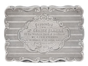 TAMWORTH INTEREST. Sterling silver snuff box engraved "Presented To Mr. GEORGE CLARKE Of The Western Bank Of Scotland By A Few Friends On The Occasion Of His Leaving Glasgow For Tamworth, Sept. 1858", stamped "D.P." with Birmingham mark for 1856. 2.5cm hi - 2