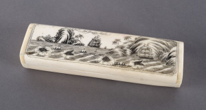 A whalebone box with scrimshaw whaling scene top, ​15.5cm across