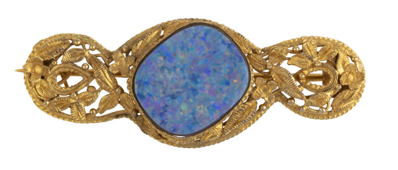 A yellow gold and opal brooch, late 19th century, ​5.25cm long, 7 grams