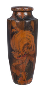 Bird of paradise Australian pokerwork vase with original foil label "R. Lording & Co. Decware, Australia", circa 1920s, 36cm high