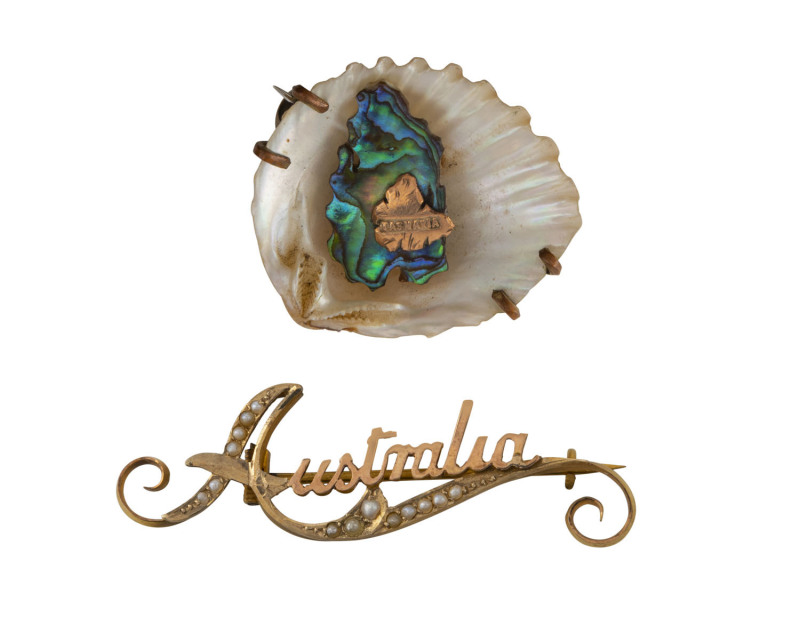 Tasmania brooch, rose gold, paua shell and seashell, late 19th century, together with a 9ct gold and seed pearl "Australia" brooch, 2.8 grams, late 19th century, (2 items). 3cm wide