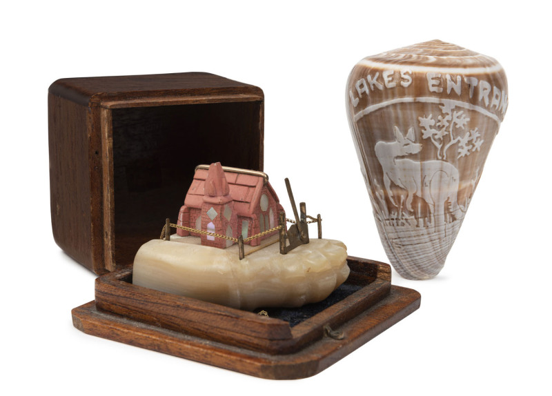 An unusual Australian miniature diorama of a church, pearl shell and brass in Australian cedar box, 19th century; together with a cameo carved seashell with kangaroo emblazoned "Lakes Entrance", circa 1900, (2 items). the cedar box 4.5cm high