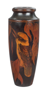 Australian pokerwork vase with kookaburra and gum leaves, circa 1920s, 31cm high